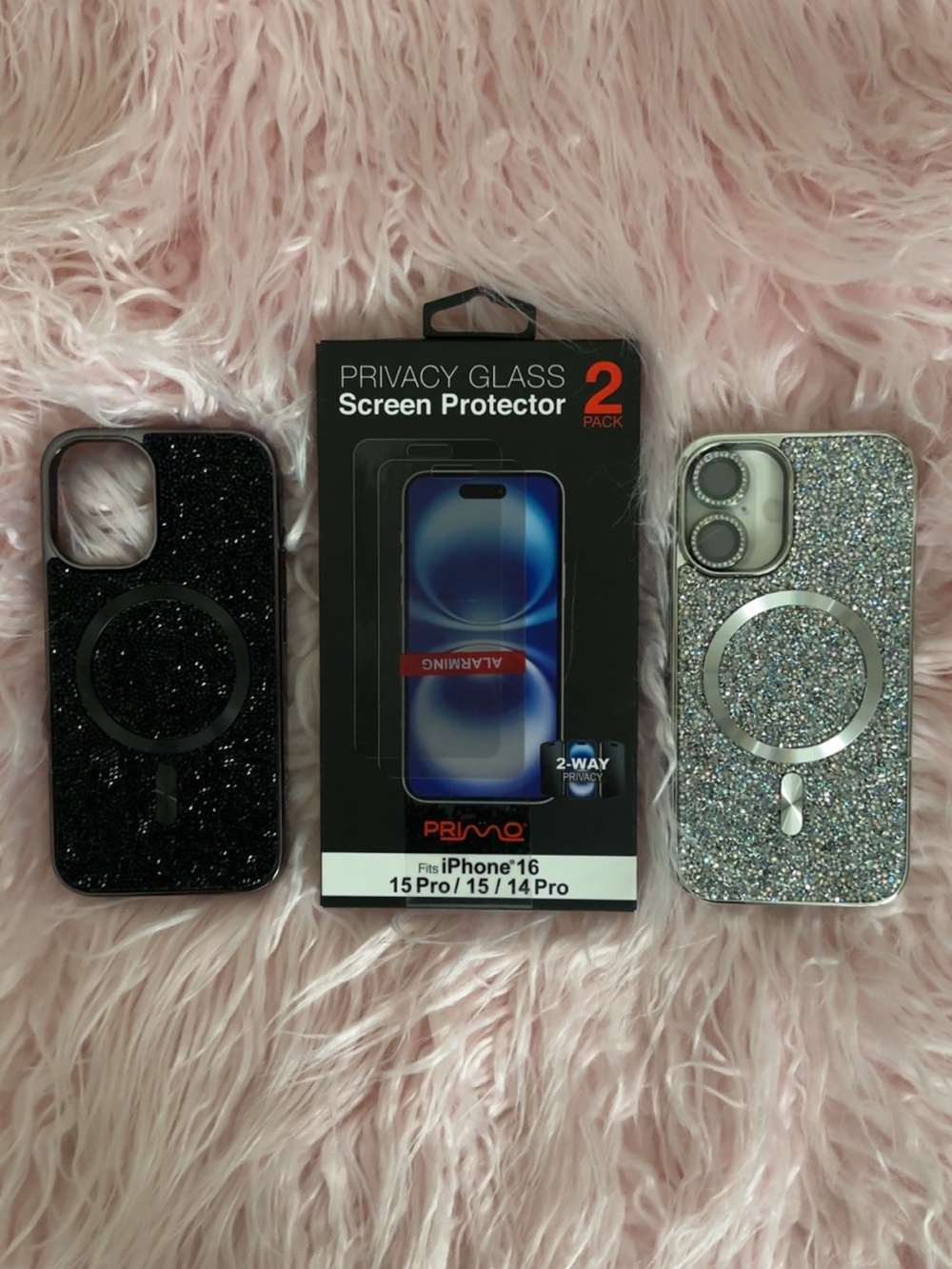 iPhone 16: Glitter MagSafe Compatible iPhone Case - Black & Silver (BUNDLE)